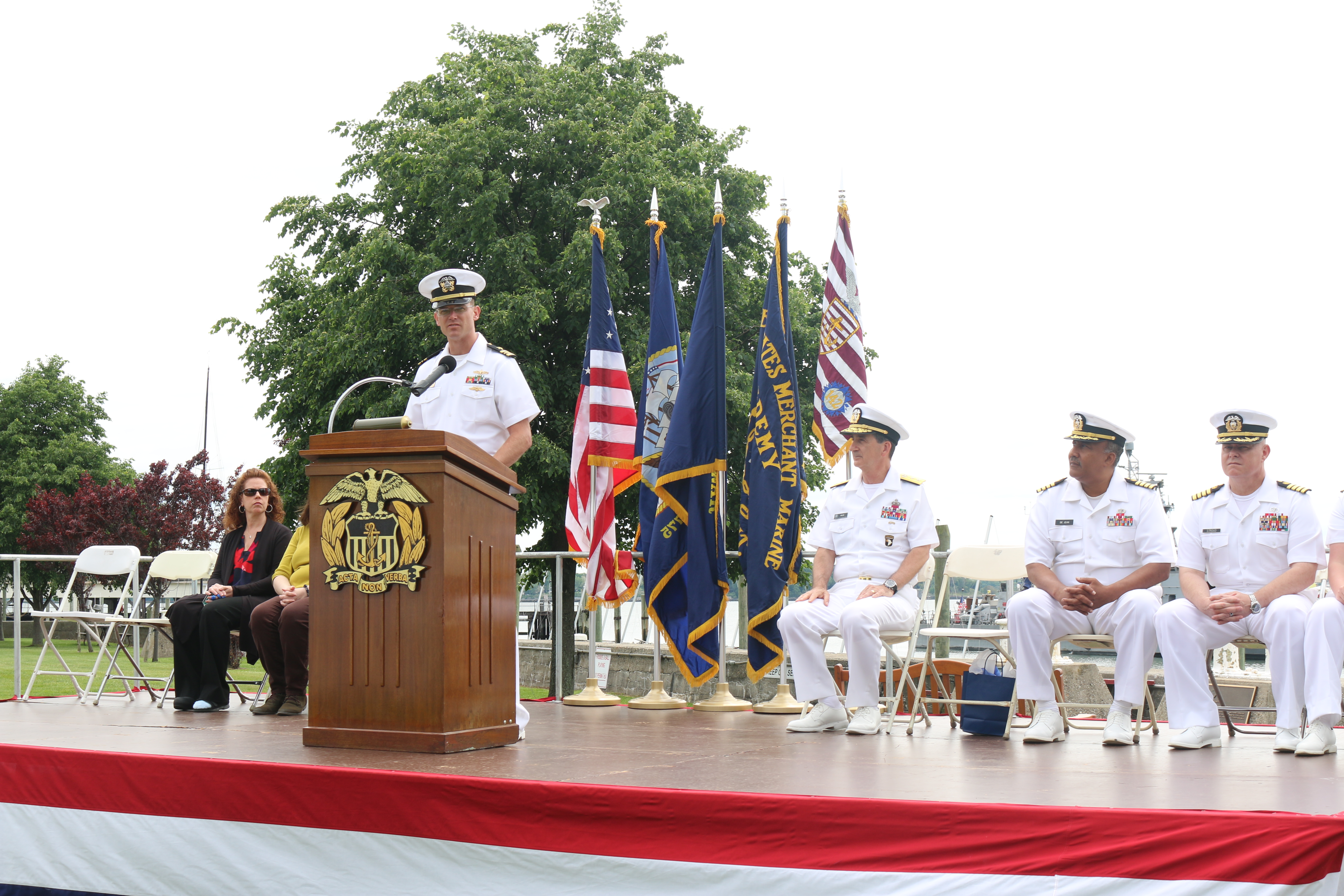 LCDR Cameron Ingram, '04, Commanding Officer of the USS Zephry addresses the Academy Community