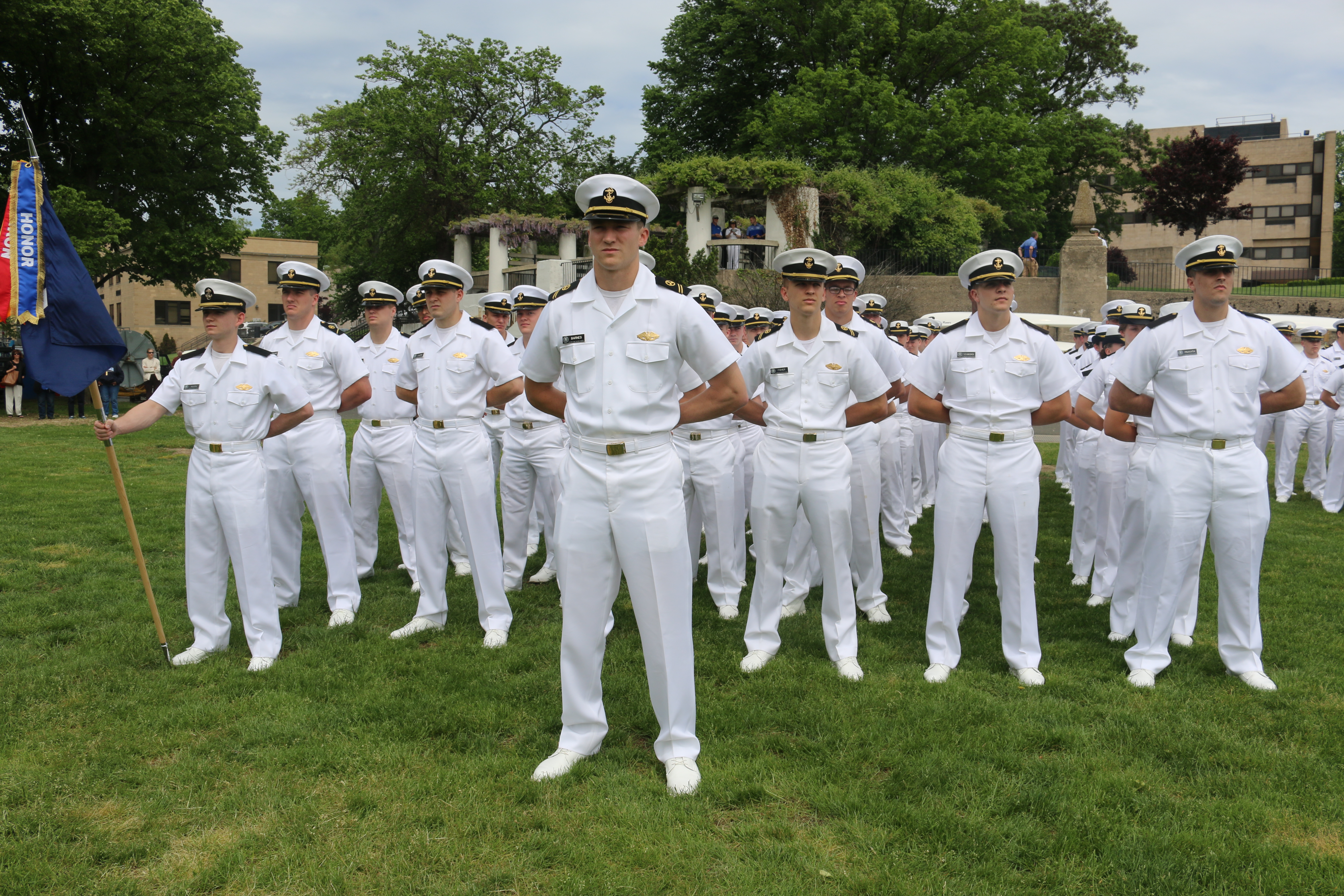 Regiment listens intently to Alumnus, LCDR Cameron Ingram, '04, CO of the USS Zephyr 