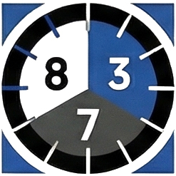 A circular graphic resembling a clock face divided into three sections—white, blue, and dark grey—containing the numbers 8, 3, and 7, respectively.