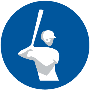 A circular blue icon featuring a white, stylized figure wearing a batting helmet, holding a bat ready to swing.