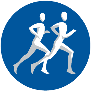 A circular blue icon featuring two white, stylized figures jogging alongside each other.