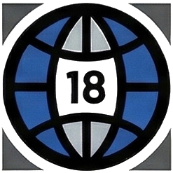 A circular graphic illustrating a stylized globe in blue and grey, with the number 18 displayed prominently in a white box in the center.