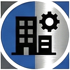 A circular graphic featuring a black silhouette of an office building next to a large gear, set against a split blue and grey background.