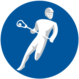 A circular blue icon featuring a white, stylized figure running while holding a lacrosse stick.