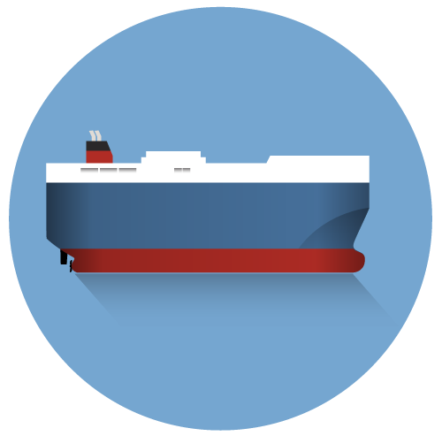 A flat, stylized illustration of a Roll-on/Roll-off (RoRo) vessel with a tall, enclosed, boxy blue and white hull designed for vehicle transport, set against a light blue circular background.