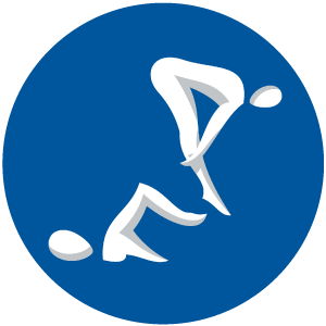 A circular blue icon featuring a white, stylized figure positioned mid-dive.