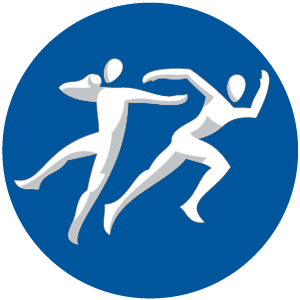 A circular blue icon featuring two white, stylized figures sprinting forward aggressively.