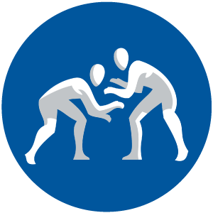 A circular blue icon featuring two white, stylized figures facing each other in a low grappling stance.