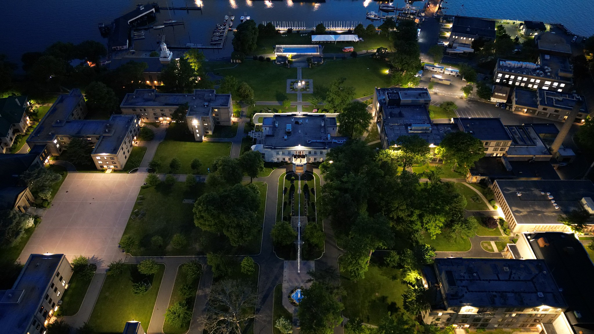 Areal view of the campus at night.