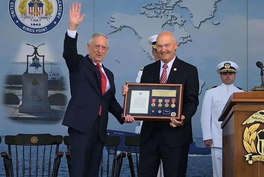 Admiral Buzby surprises Secretary Mattis by presenting his father's service medals