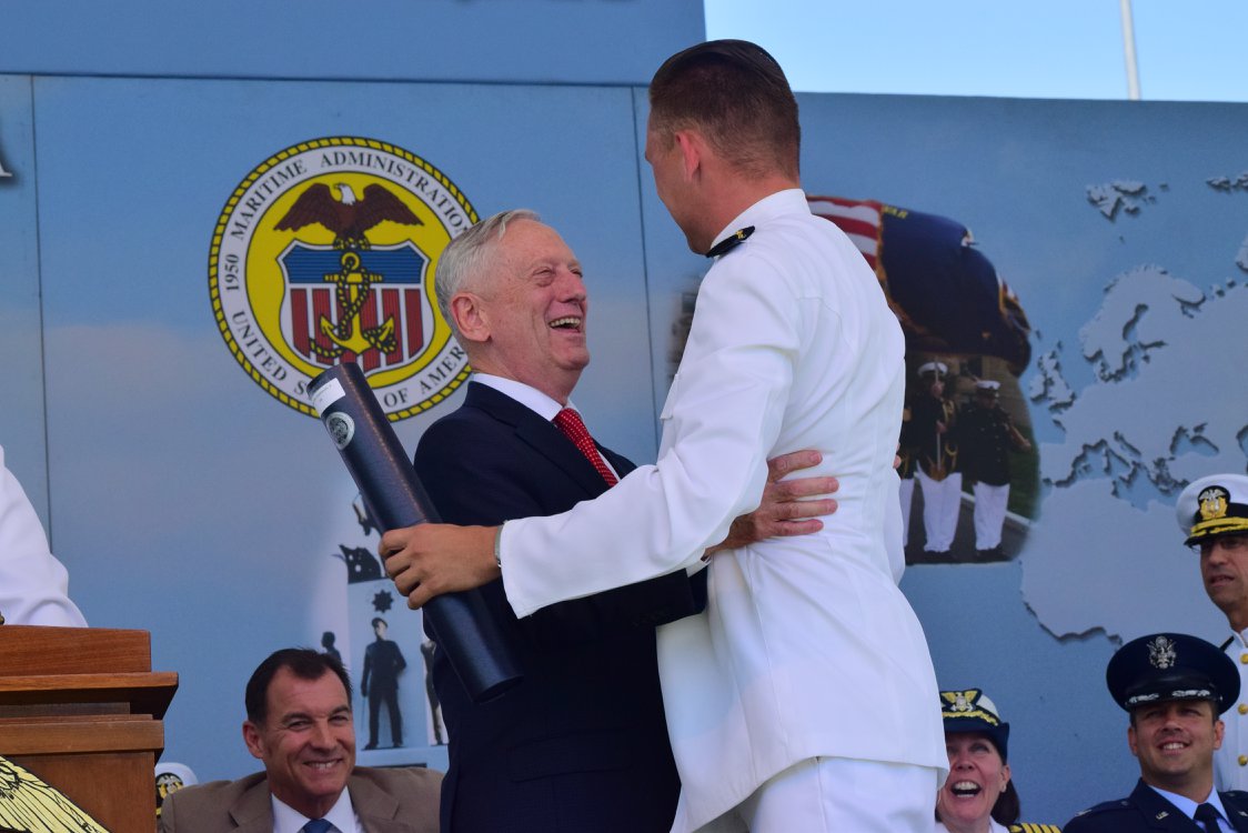 Ensign Zubchevich hugs SECDEF photo credit Midshipman Shannon Snyder