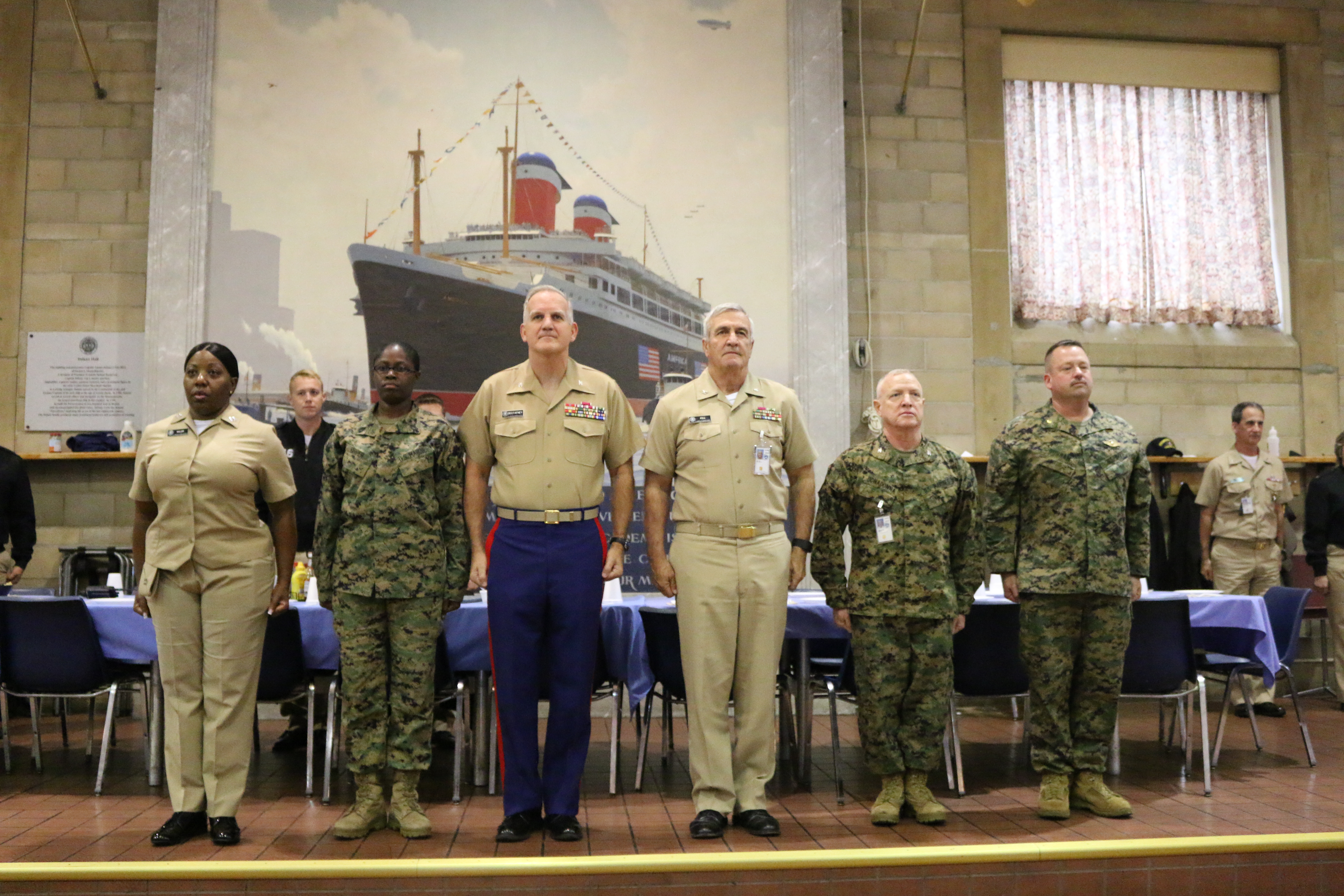 Marine Vets: Lt Waller, GySgt Harper, CAPT DeStafney CAPT Fell, CAPT Bonadonna, Chaplain Durham during "The Marine Corps Hymn"