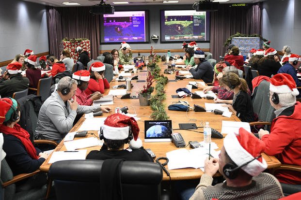 A photo shows the 2018 NORAD Tracks Santa Operation Center on Peterson Air Force Base, Colorado, on Dec. 24. (Staff Sgt. Alexandra M. Longfellow/U.S. Air Force photo)
