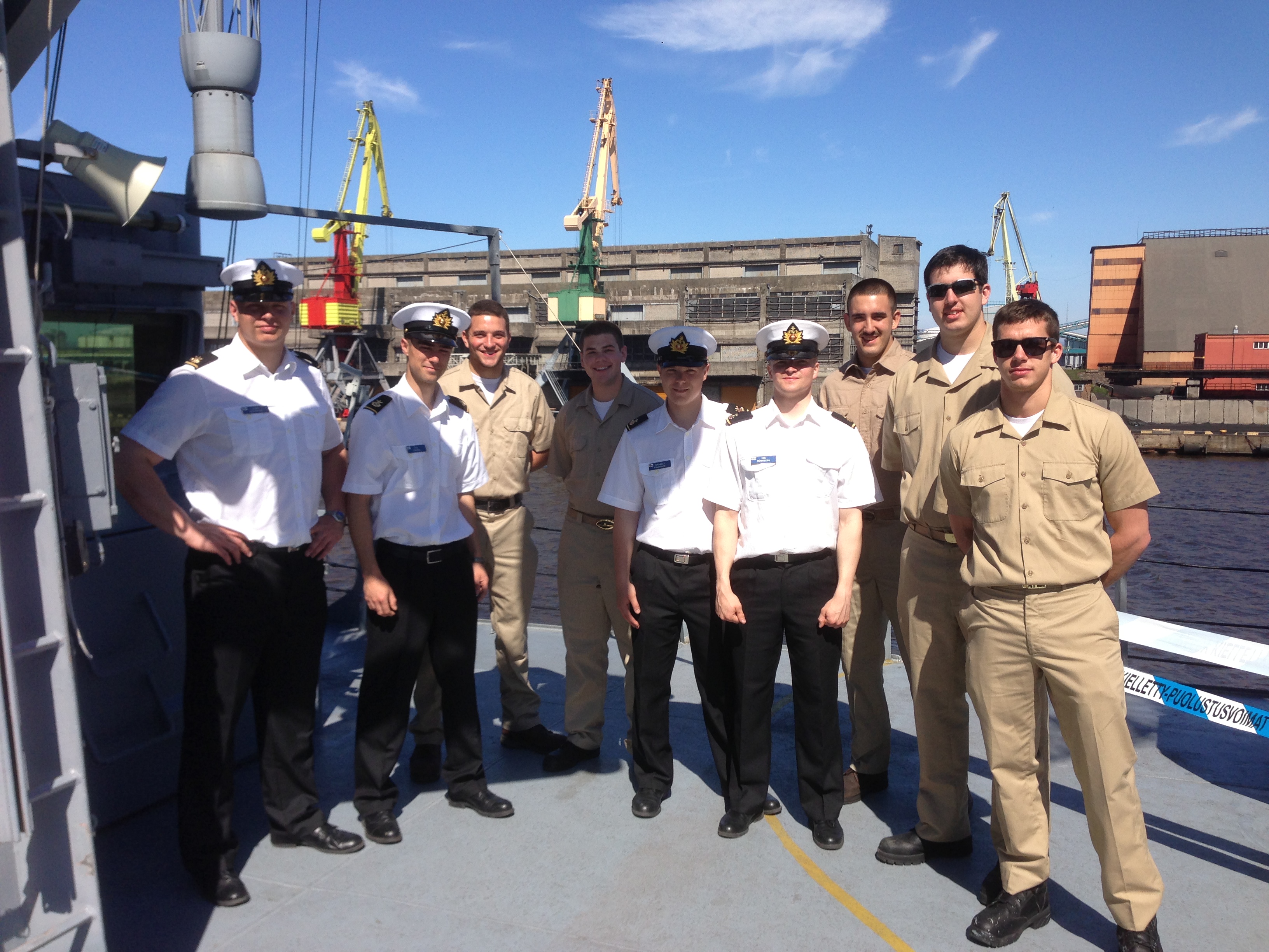 Midshipmen Jacob Doerfler, Collin Henton, Antonio Mistron with Finnish Naval Academy Midshipmen