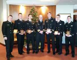 Capt. Jon Helmick with scholarship recipients Midshipmen 1st Class Sean McCord, Chris Hall, Peter Tolles, James Gardner, William